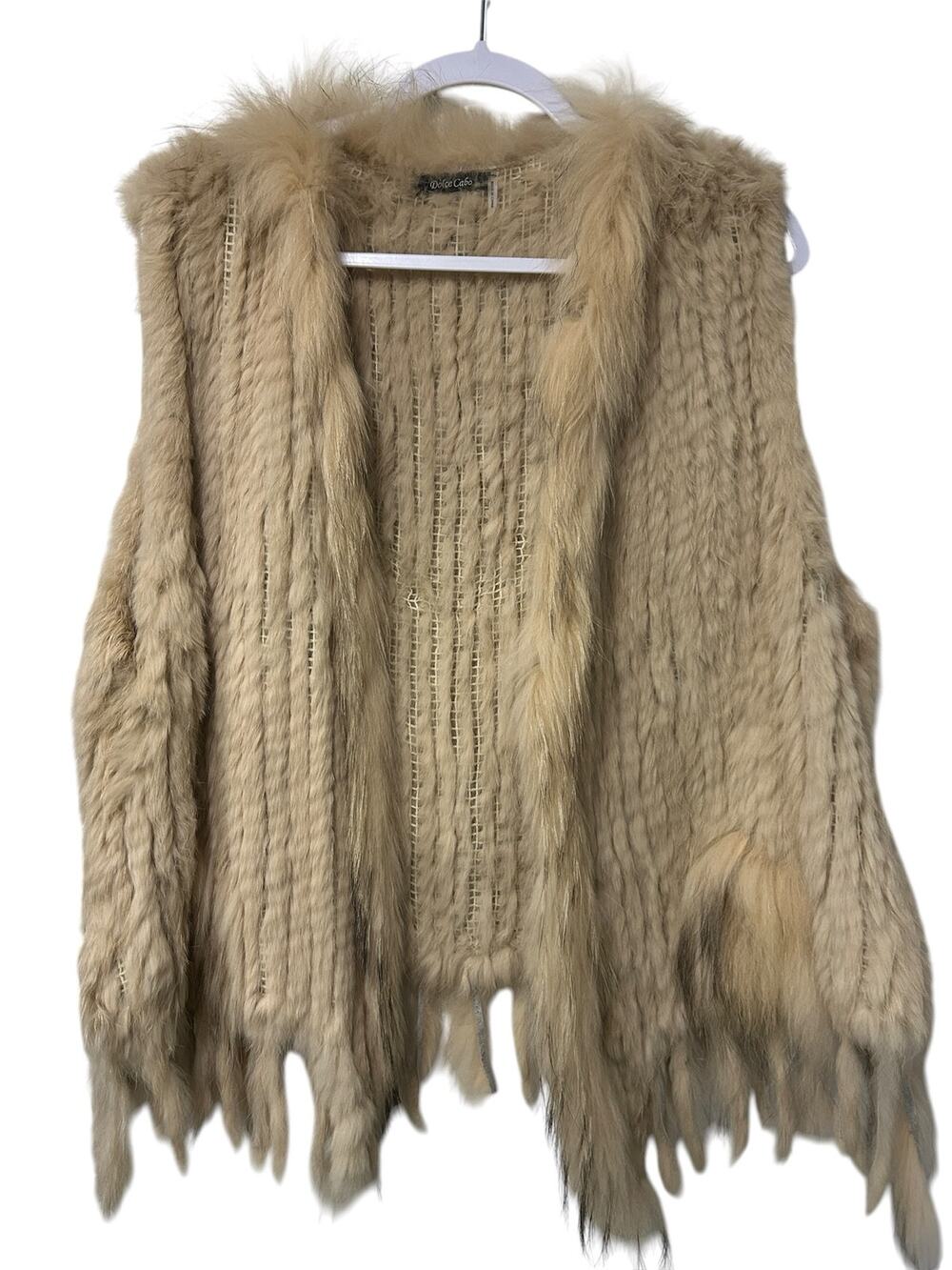 Dolce Cabo Rabbit Raccoon Fur Vest Beige Fringe Boho Mob Wife Ski 2X Western
